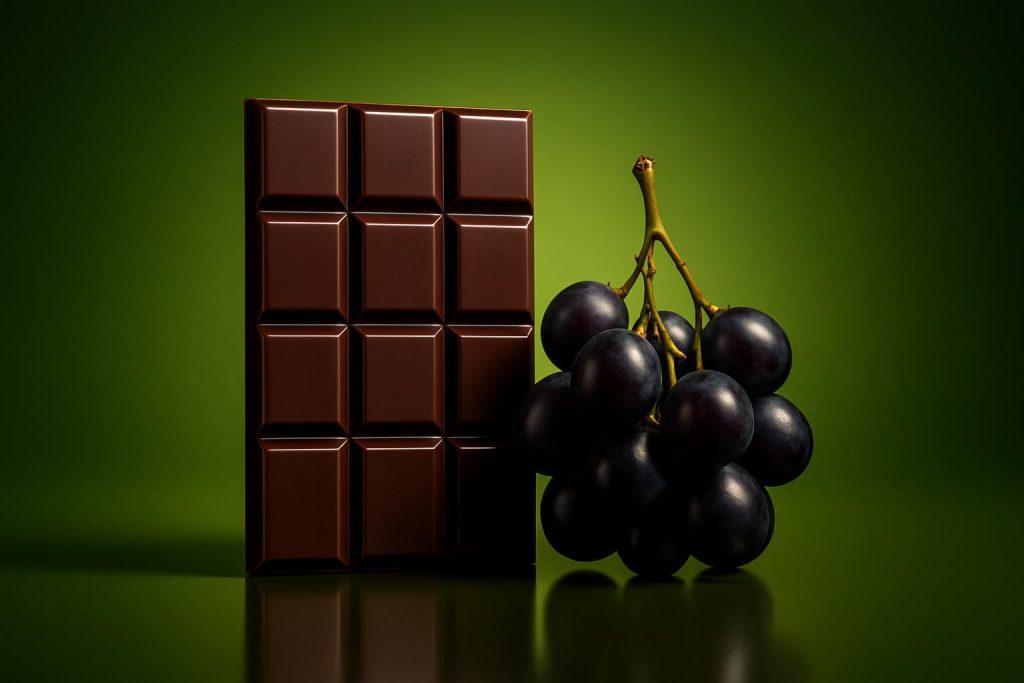 a bar of dark chocolate and a small bunch of grapes