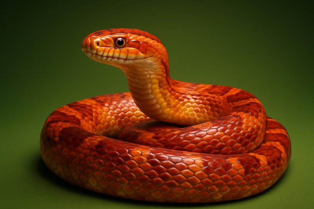a coiled corn snake (Pantherophis guttatus), orange and red pattern, head raised