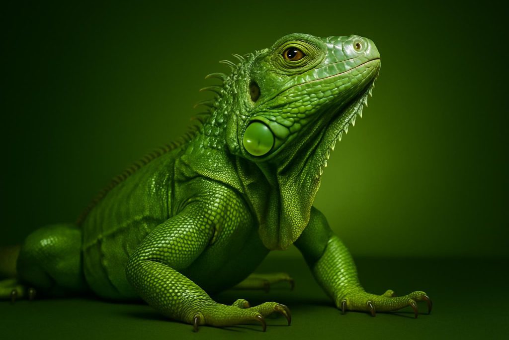a green iguana (Iguana iguana) basking, head raised