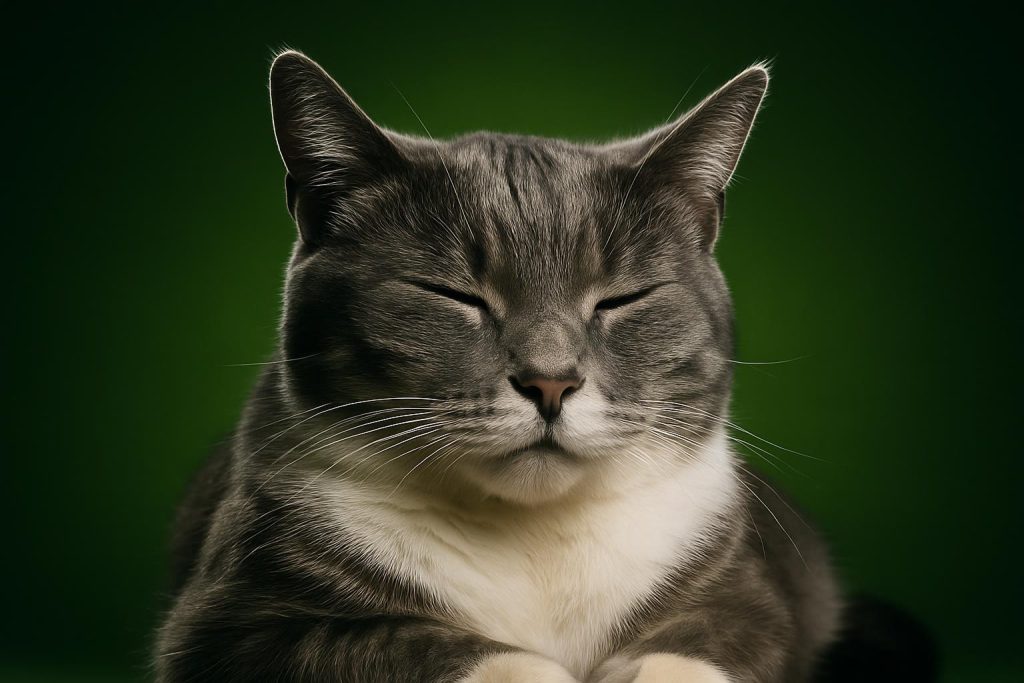 a grey and white cat sleeping peacefully with closed eyes