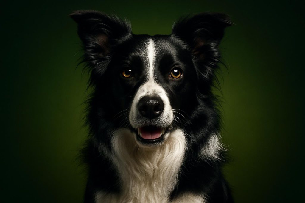 a healthy adult Border Collie, black and white, bright alert eyes, perky ears, vital and attentive expression