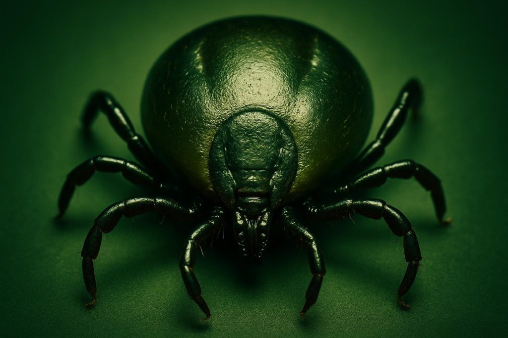 a tick (Ixodes ricinus), eight legs and pronounced mouthparts, rounded body