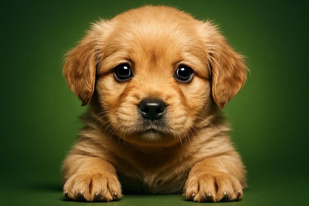 a very young fluffy puppy, only a few weeks old, big round soft eyes, oversized paws, soft downy fur, adorable expression