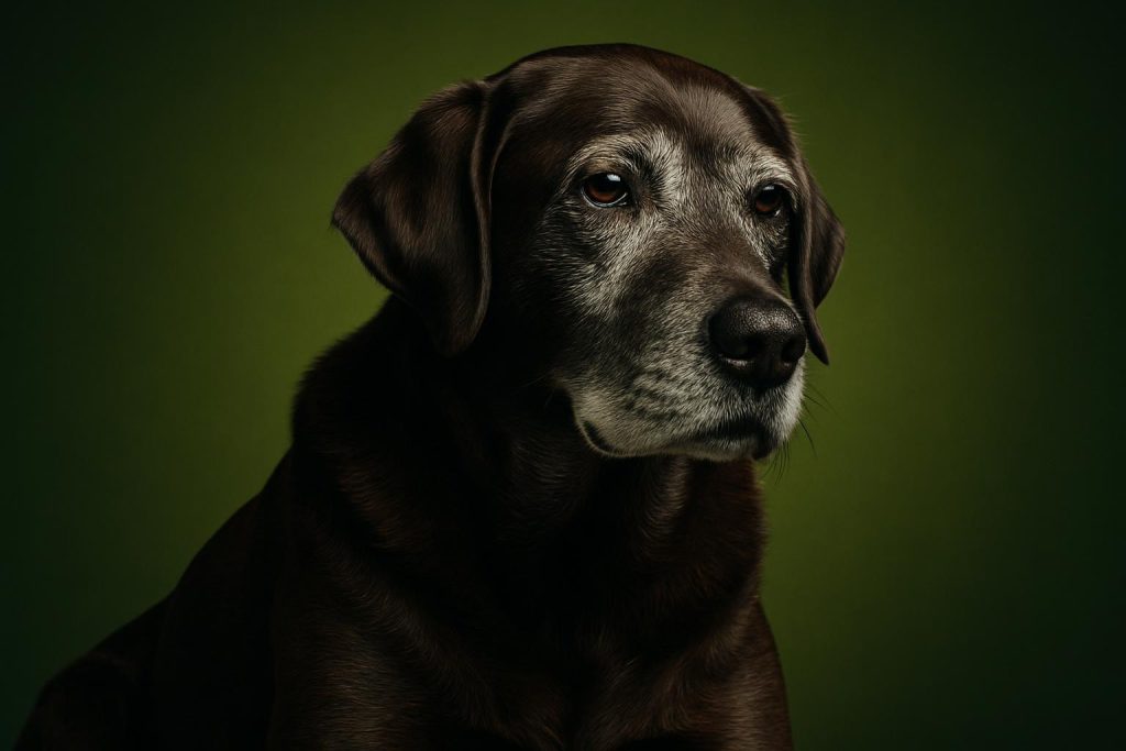 an old dog with a grey muzzle, calm and gentle expression