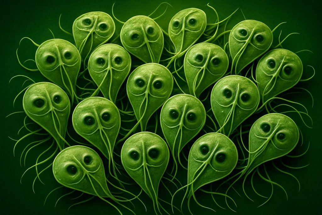 Giardia trophozoites, teardrop-shaped flagellated protozoa with a face-like appearance (two nuclei, ventral disc) and several flagella