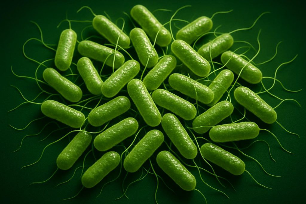 Salmonella bacteria, a cluster of rod-shaped bacilli with thin flagella